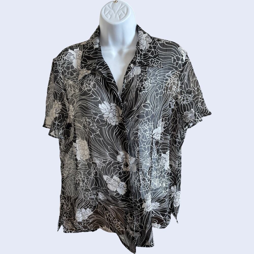 Notations XL Sheer Floral Blouse Black White Relaxed